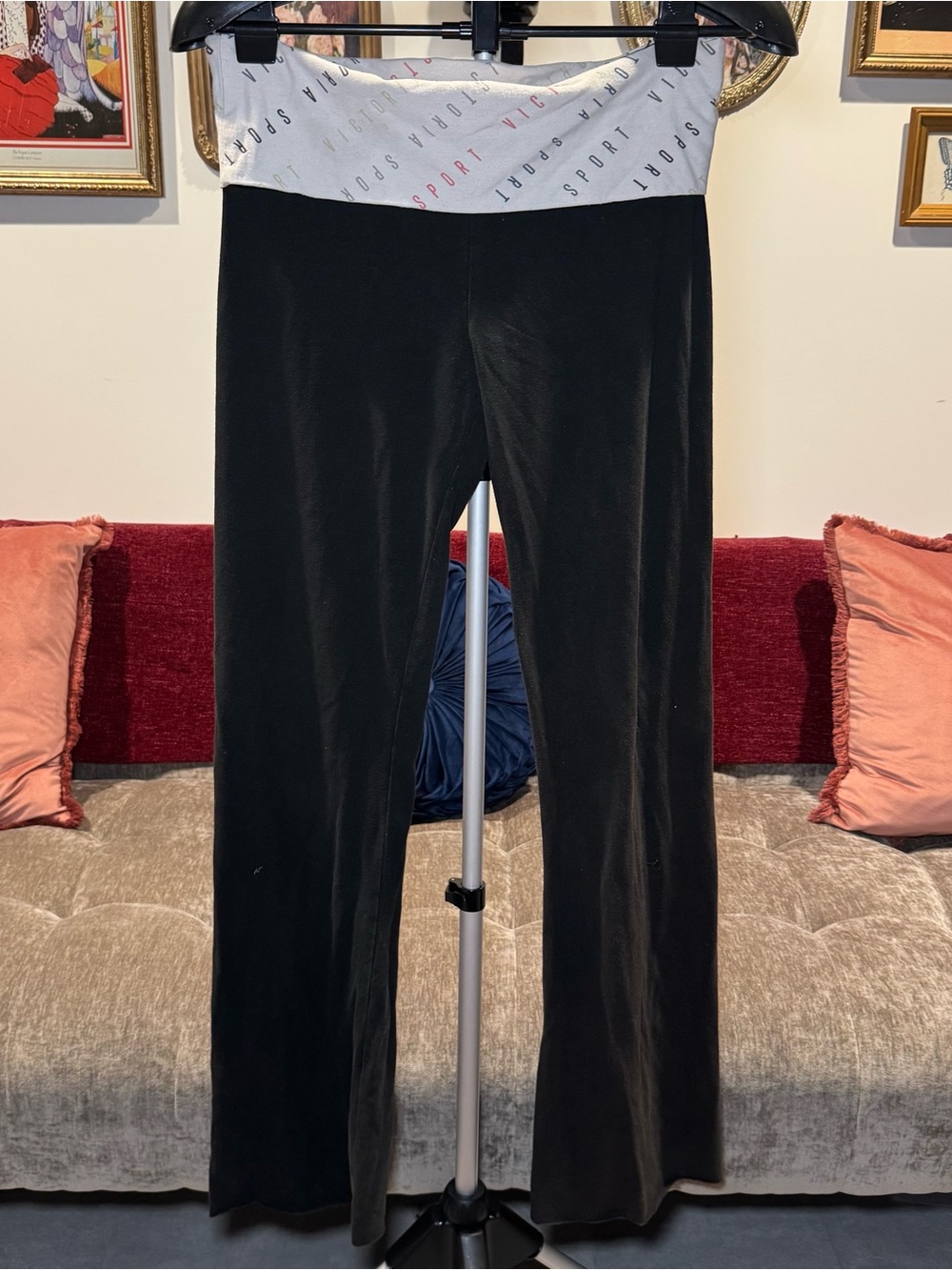 Victorias Sport Black Flare Leggings with Fold-Over Waistband